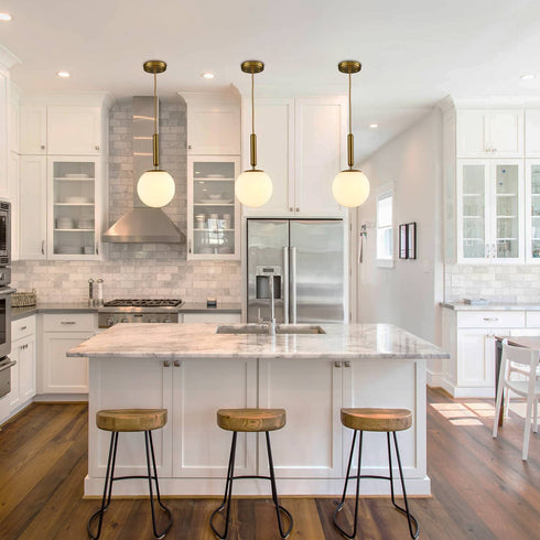 Modern Gold Pendant Lighting for Kitchen Island Globe Milky Glass 8 Inch